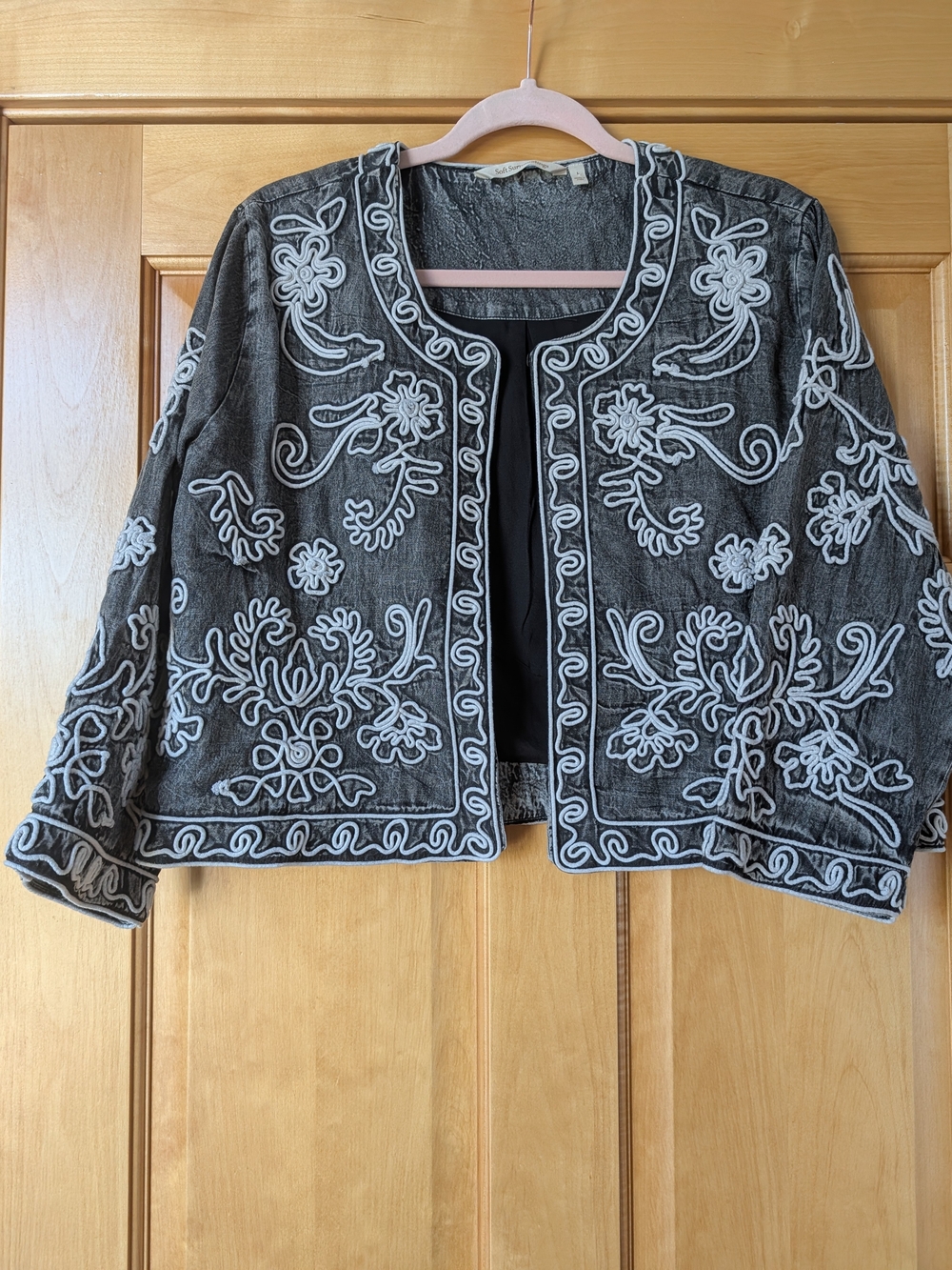 Soft Surroundings Black Sweater Cardigan with White Embroidered Detail
